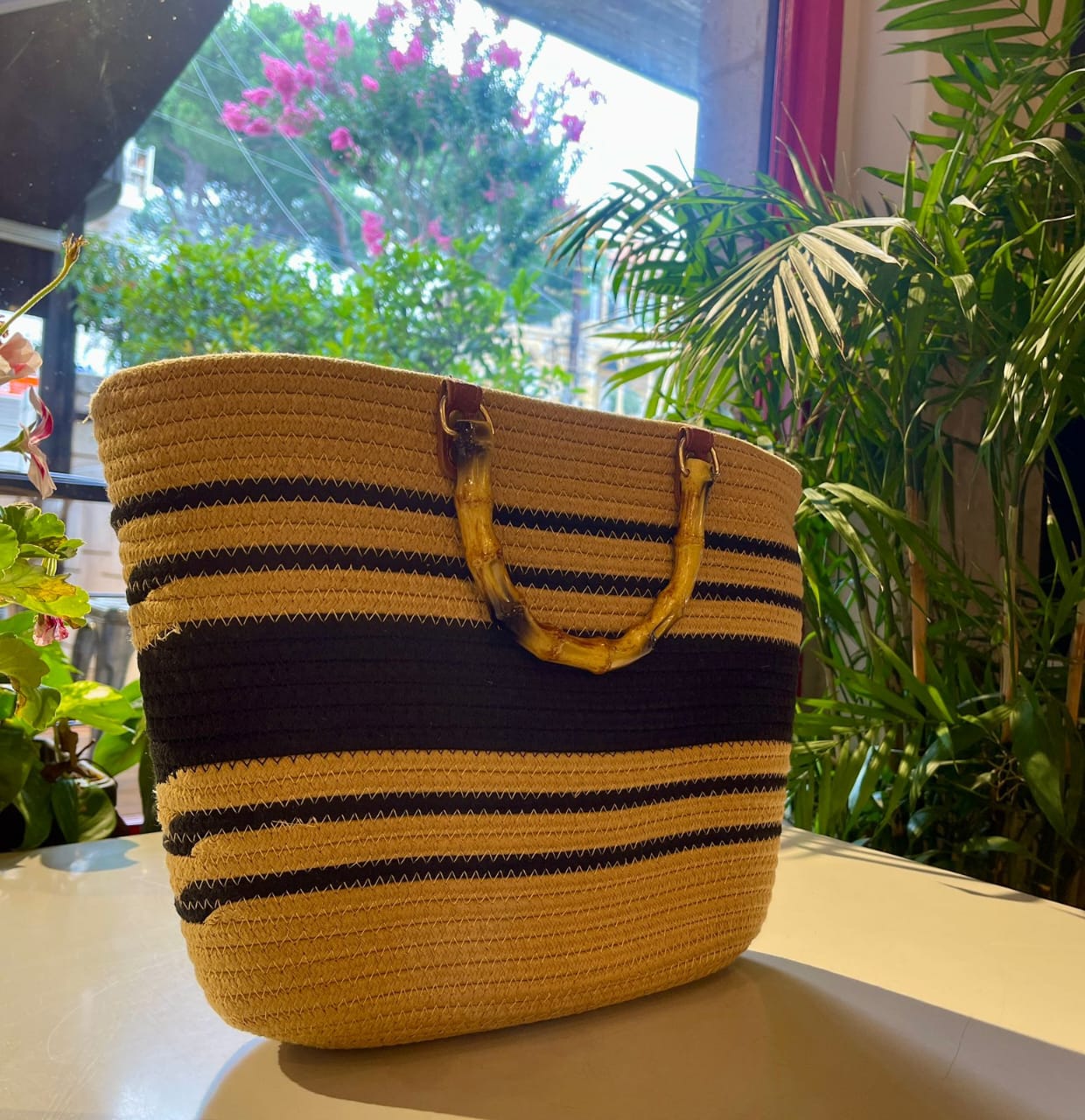 Paloma Tote — Striped Straw Bag with Bamboo Handles | Elegant & Trendy
