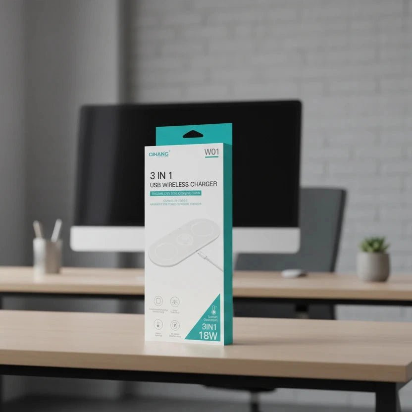 3-in-1 USB wireless charger packaging on a white background