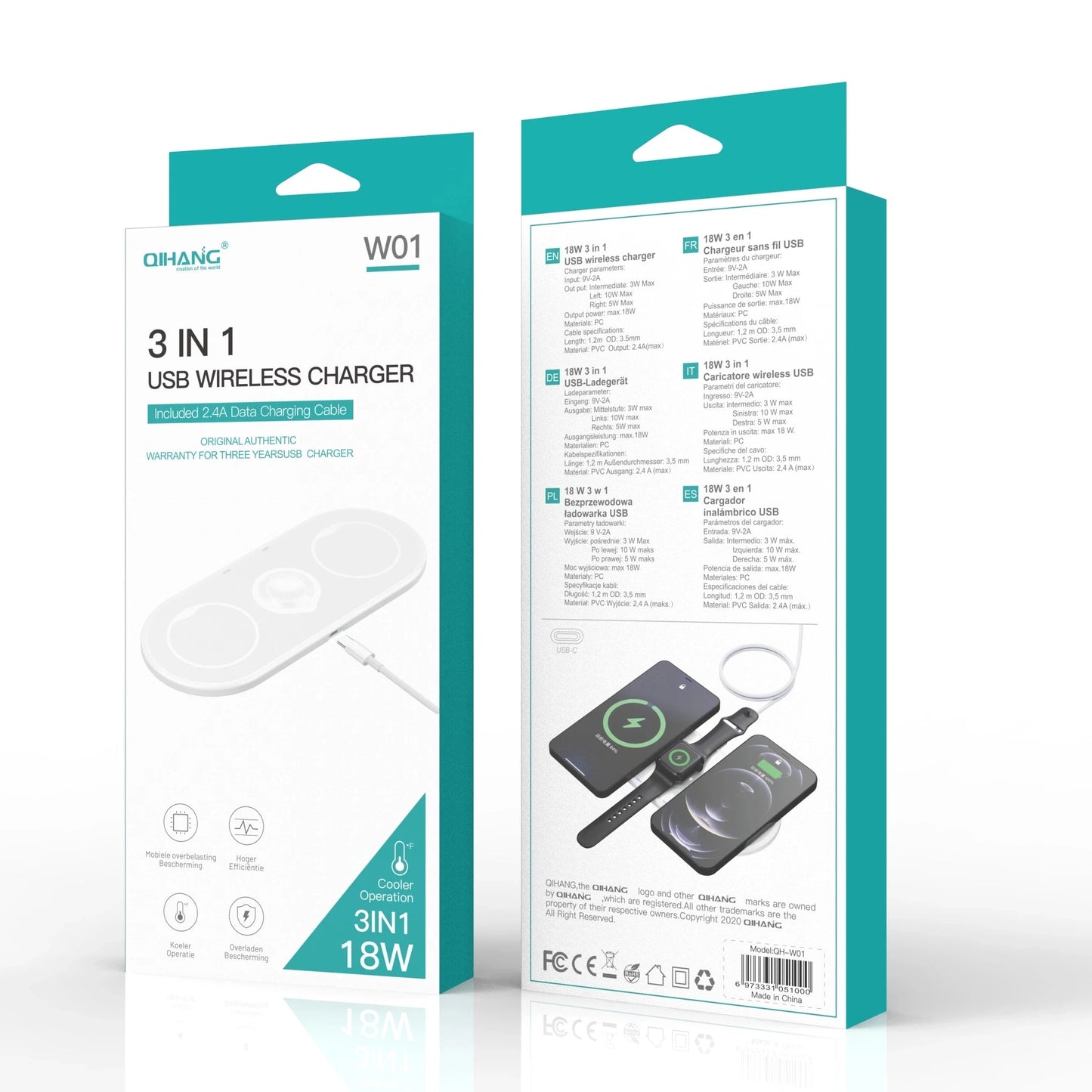 Packaging of a 3-in-1 USB wireless charger with teal accents on a white background