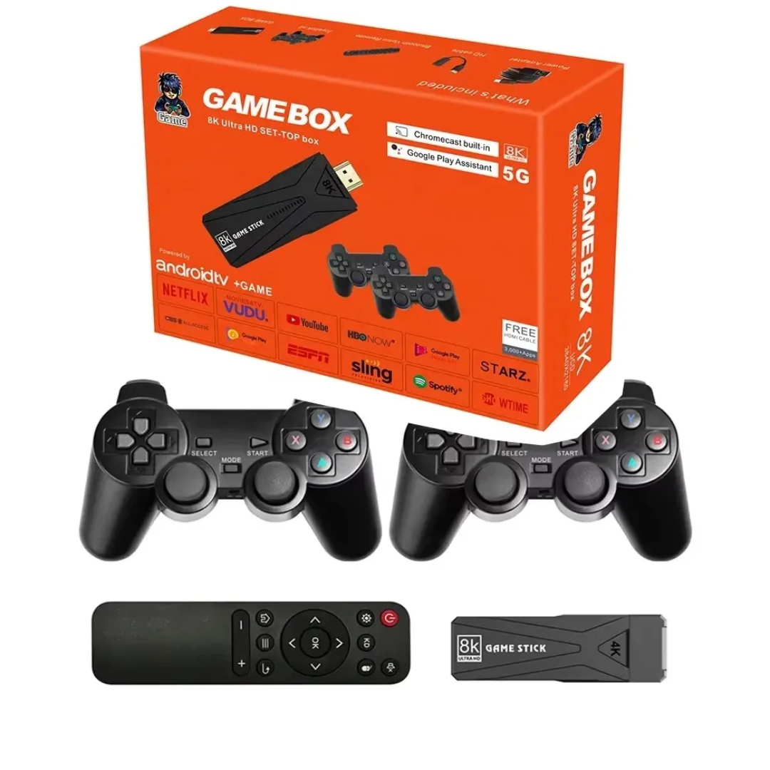 Game console set with two controllers, a remote, and an 8K game stick on an orange box background.