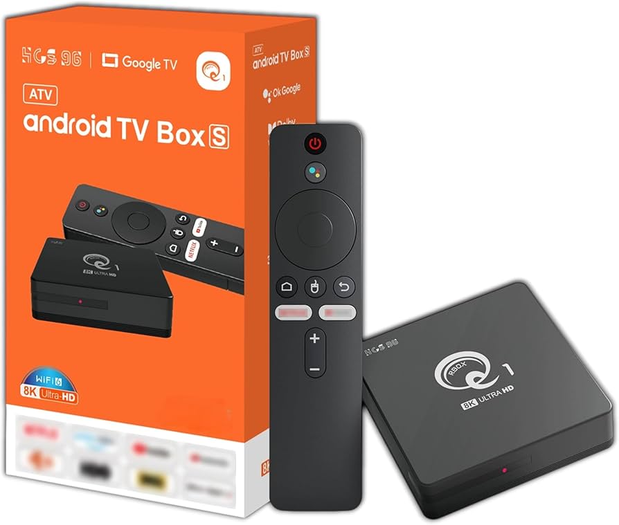 Android TV Box with remote control and packaging on a white background