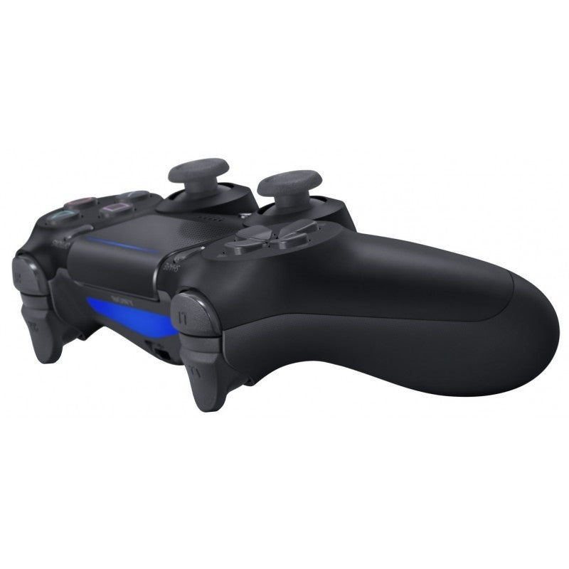 Black gaming controller with blue accent on a white background