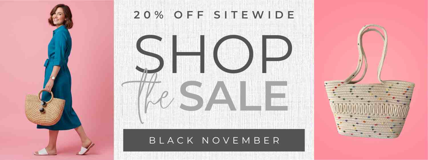 Promotional banner for a sale with a woman holding a handbag and a basket on a pink background.