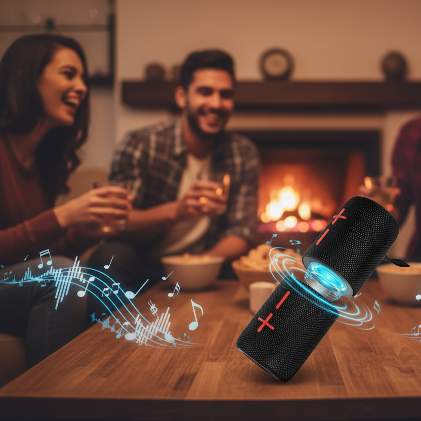Black portable speaker on a table with people around it