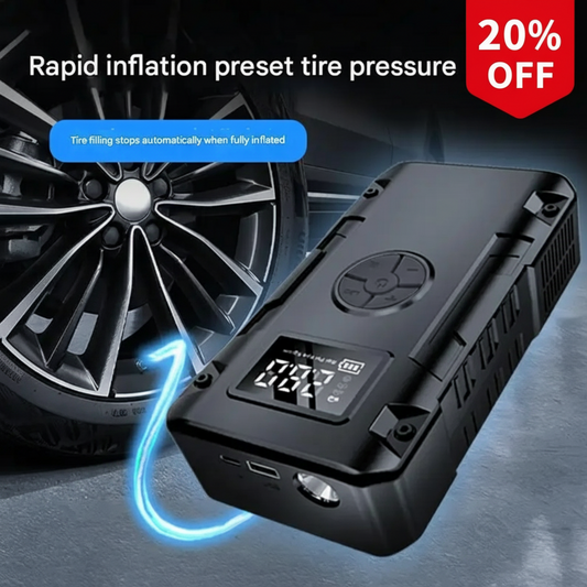 Black tire inflator with digital display next to a car tire, featuring text about rapid inflation preset tire pressure.