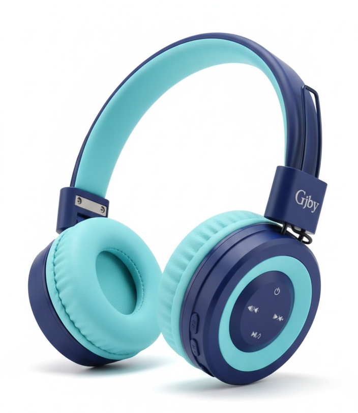 Blue and turquoise headphones on a white background