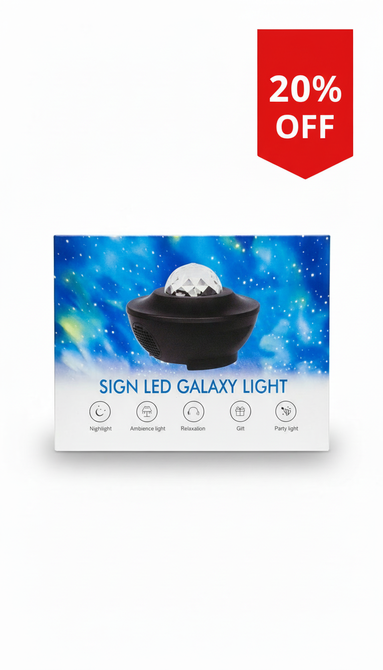 Box of a Sign LED Galaxy Light with a space-themed design on a white background