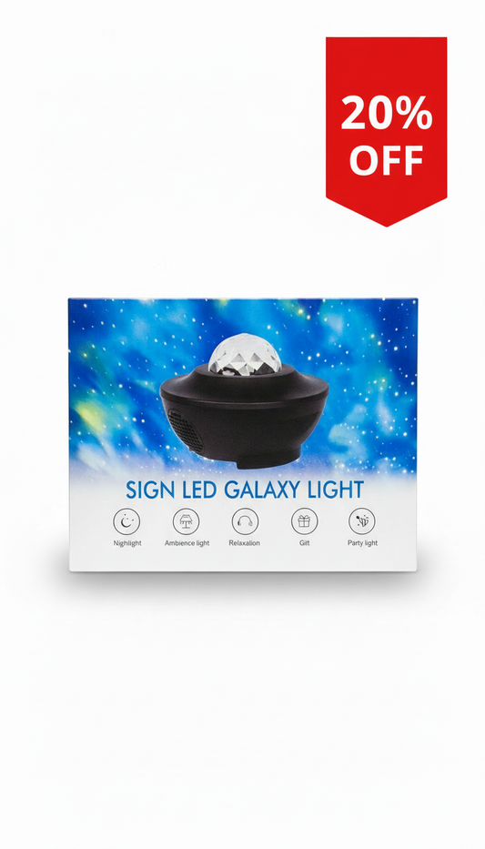 Box of a Sign LED Galaxy Light with a space-themed design on a white background