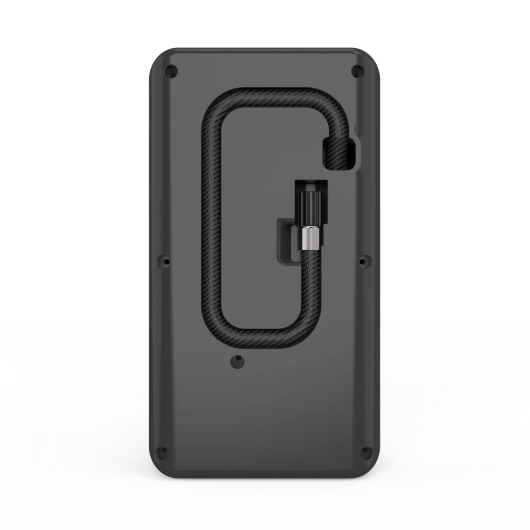 Black rectangular metal plate with a handle on a white background