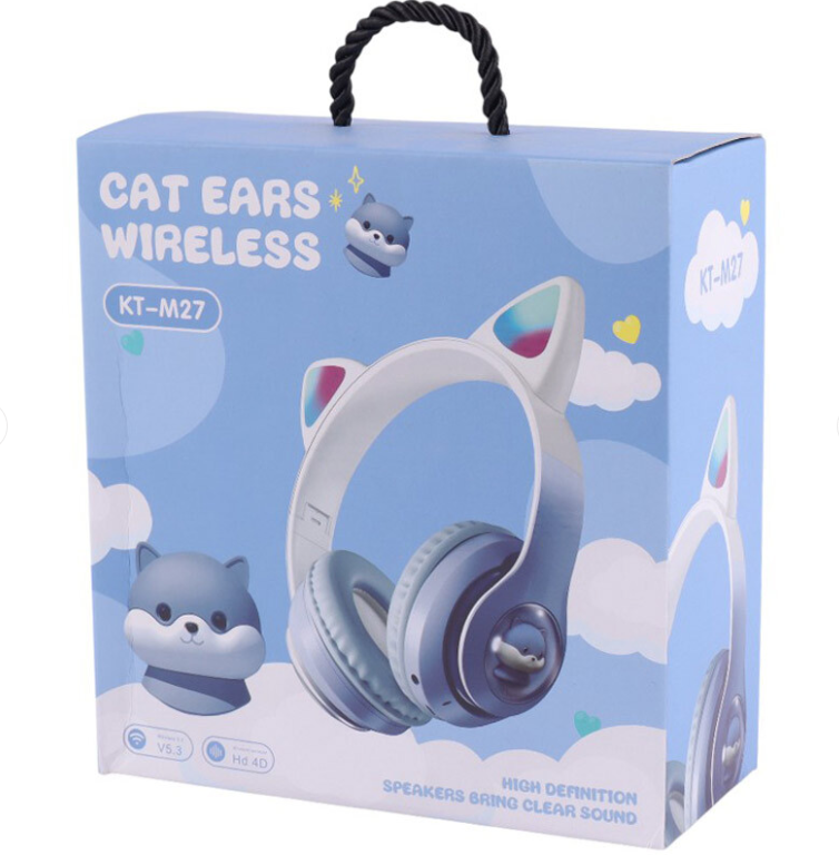 Cat ears wireless headphones packaging with blue background and cloud design