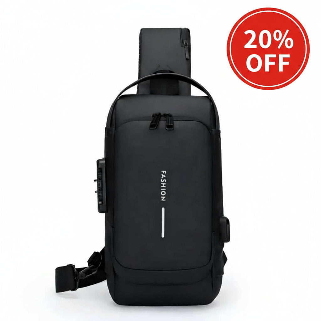 Black shoulder bag with 'FASHION' text on a white background