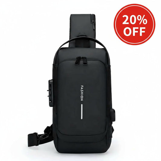 Black shoulder bag with 'FASHION' text on a white background