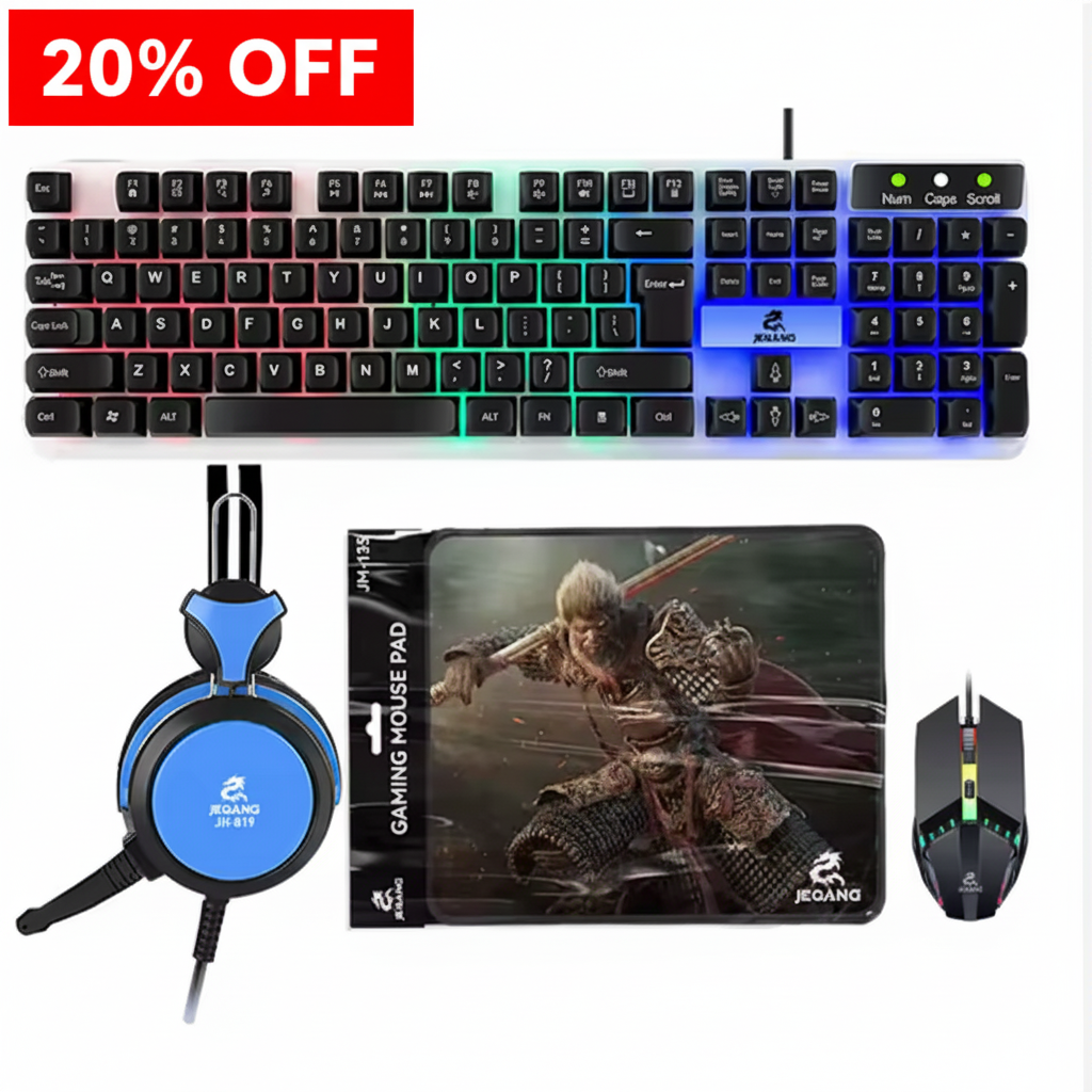 Gaming keyboard, headset, mouse, and mouse pad on a white background