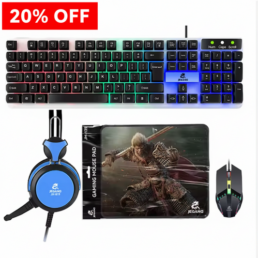 Gaming keyboard, headset, mouse, and mouse pad on a white background