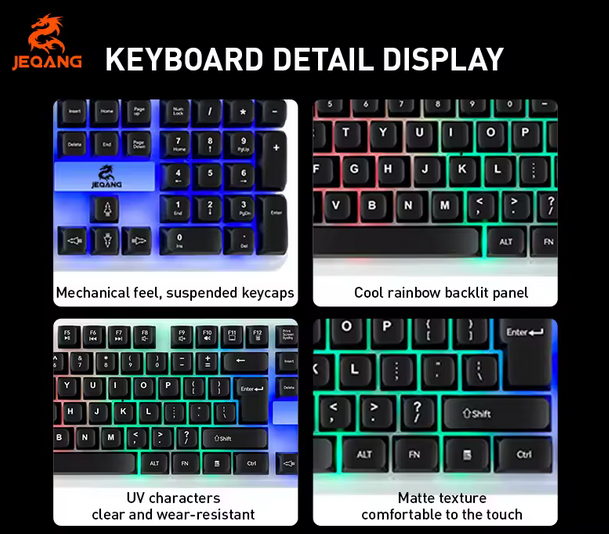 Keyboard detail display with different features on a black background