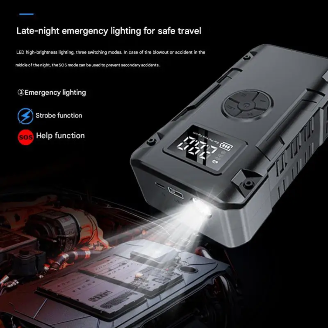 Portable jump starter with emergency lighting feature on a dark background