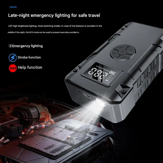Portable jump starter with emergency lighting feature on a dark background