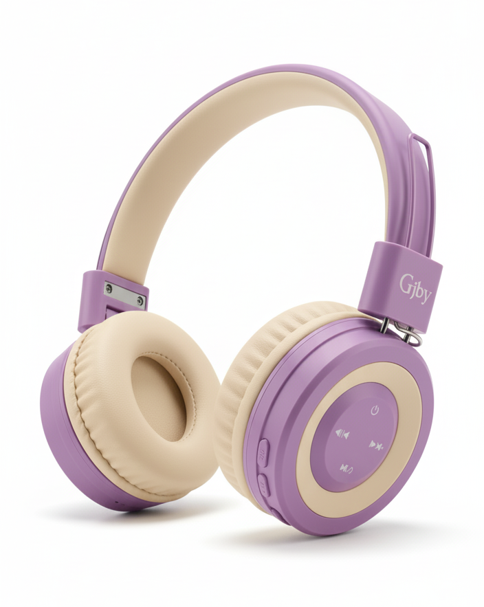 Purple and beige headphones on a white background