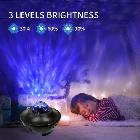 Child lying on a bed with a starry night light projector emitting blue light, showing three brightness levels.