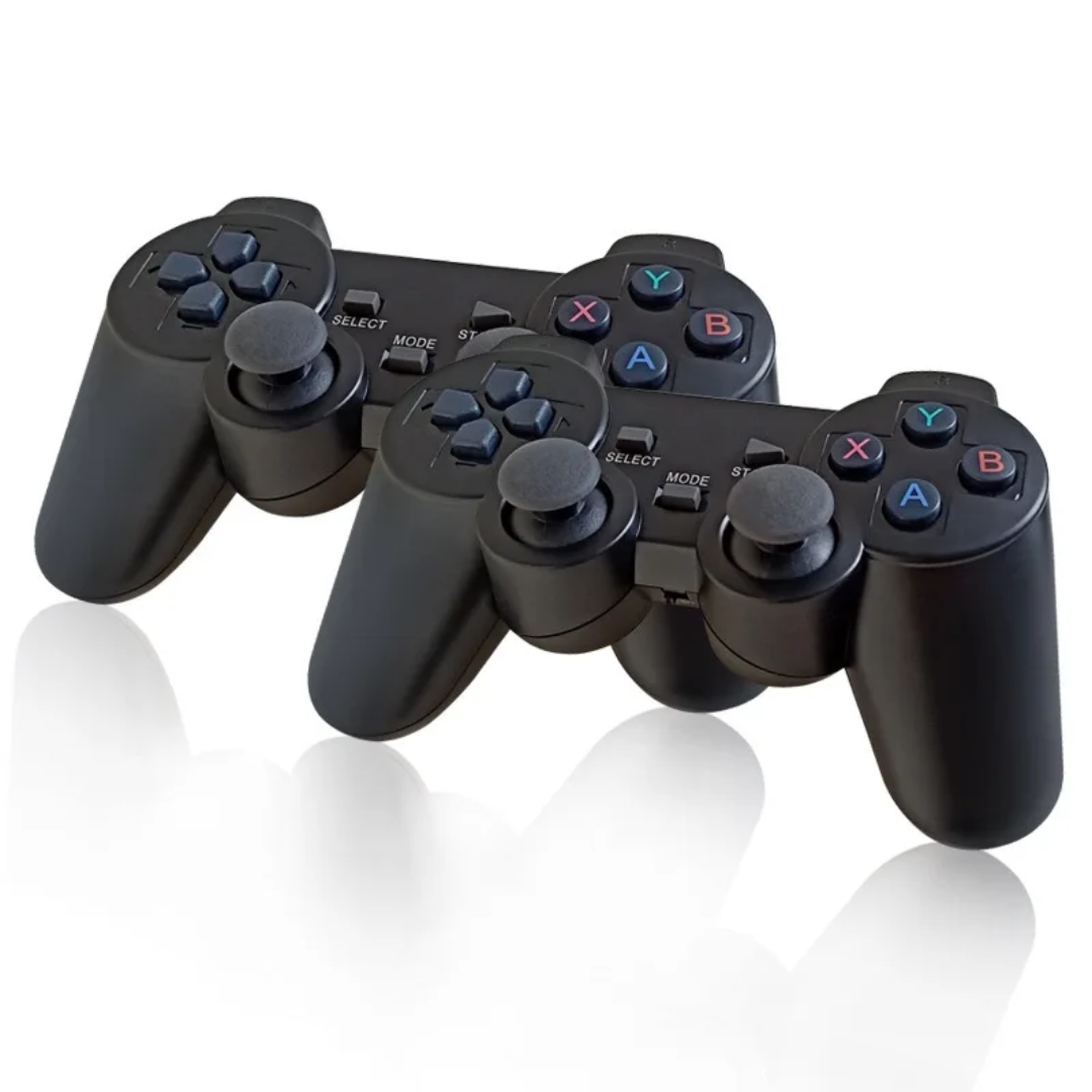 Pair of black gaming controllers on a white background