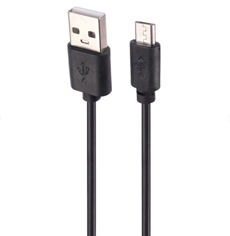 Black USB cable with one end being a standard USB connector and the other an micro USB connector on a white background.