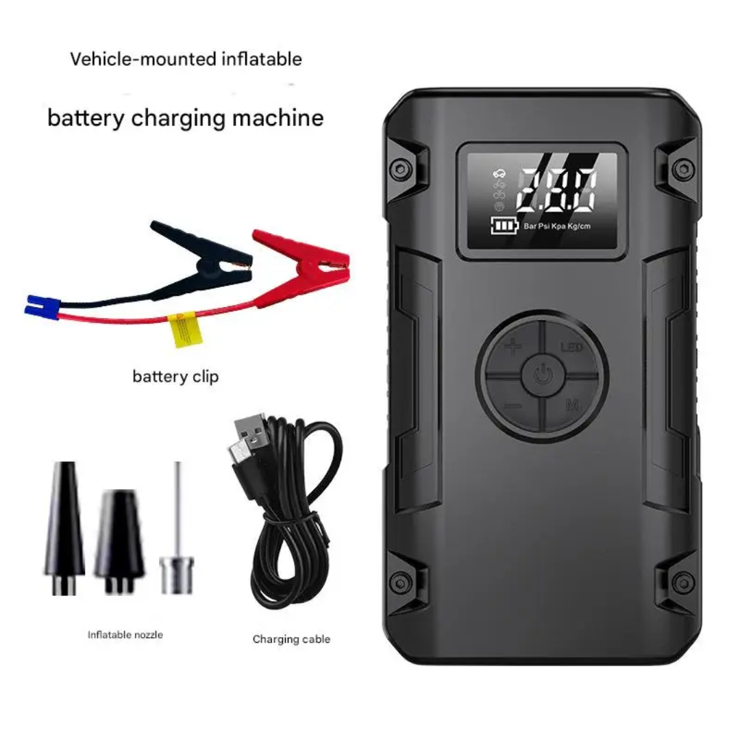 Vehicle-mounted inflatable battery charging machine with accessories on a white background