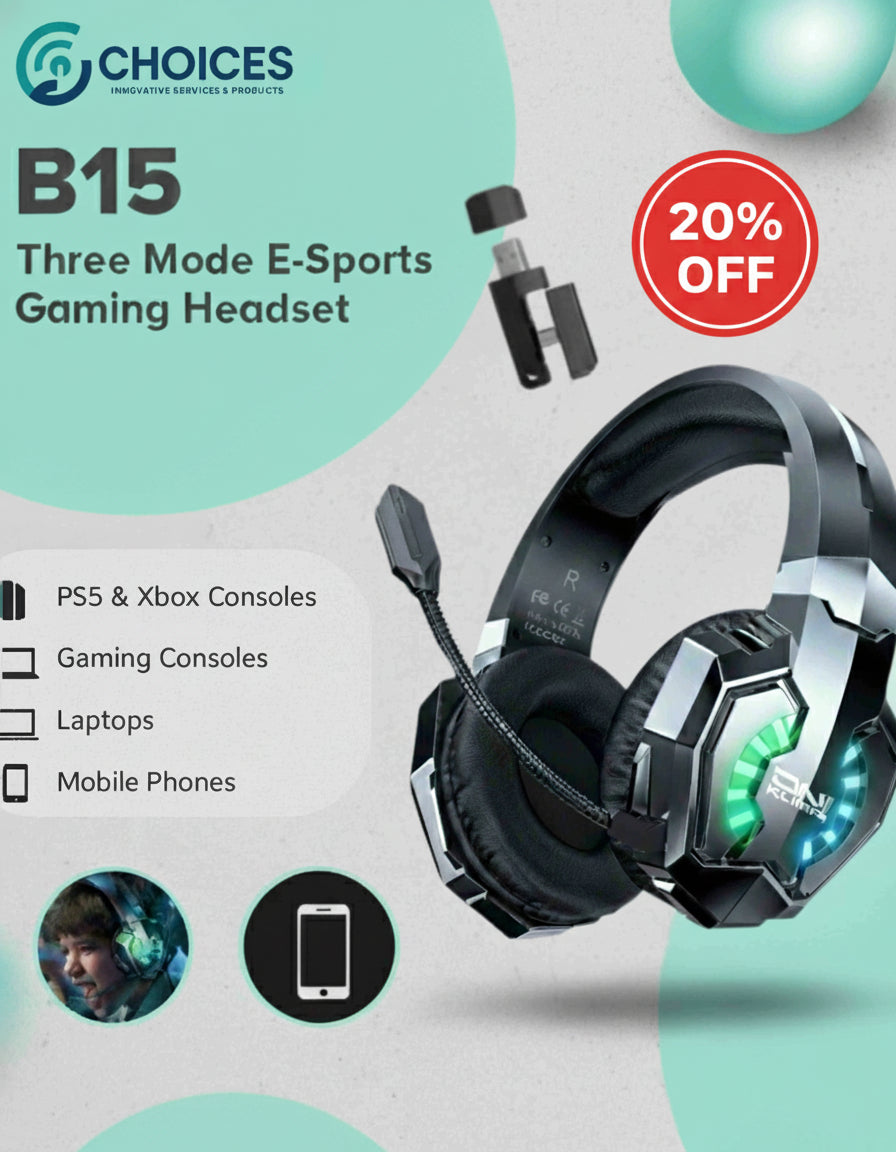Gaming headset with LED lights on a light gray background, featuring the brand 'CHOICES'.