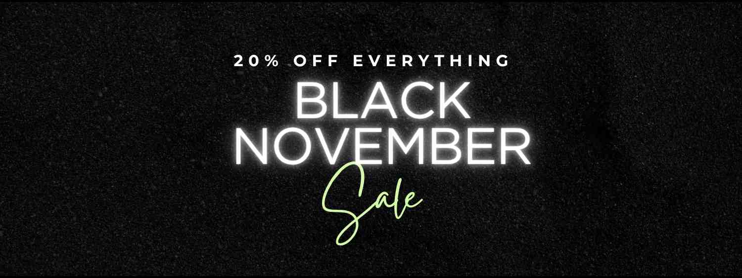 Black November sale banner with 20% off everything text on a black background