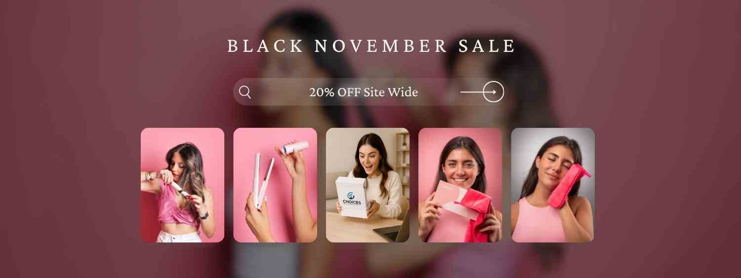 Black November Sale banner with promotional text and images of women holding pink items.