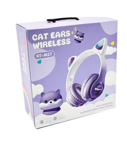 Purple packaging of cat ears wireless headphones with a cartoon cat design.