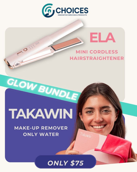 Advertisement for Choices ELA mini cordless hair straightener and Takawin makeup remover with a woman holding the products.