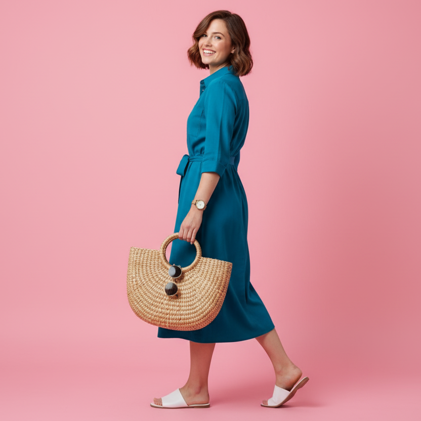 Woman in a blue dress holding a straw bag against a pink background