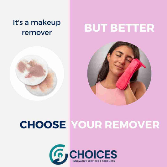 Advertisement for a makeup remover with a woman using it and the brand 'CHOICES' displayed.