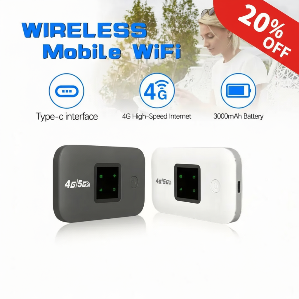wireless mobile WiFi devices with features listed on a white background.