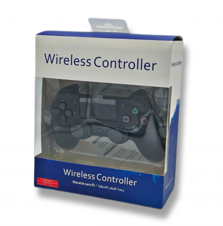 Boxed wireless controller with clear front for visibility on a white background